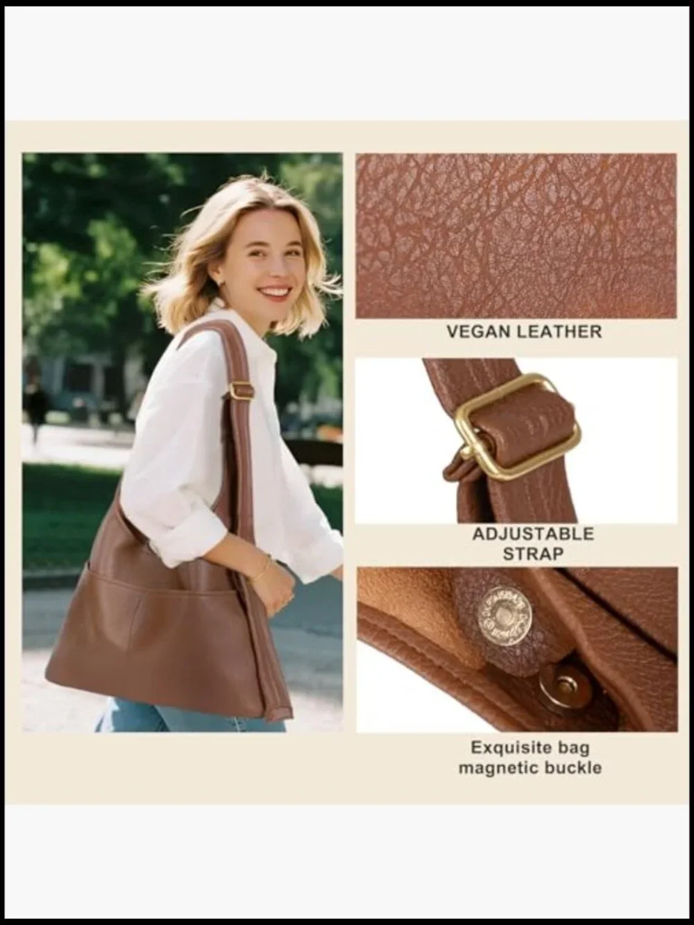Slouchy Hobo Tote Bag Vegan Leather Zipper Closure Detachable Pouch Work Travel